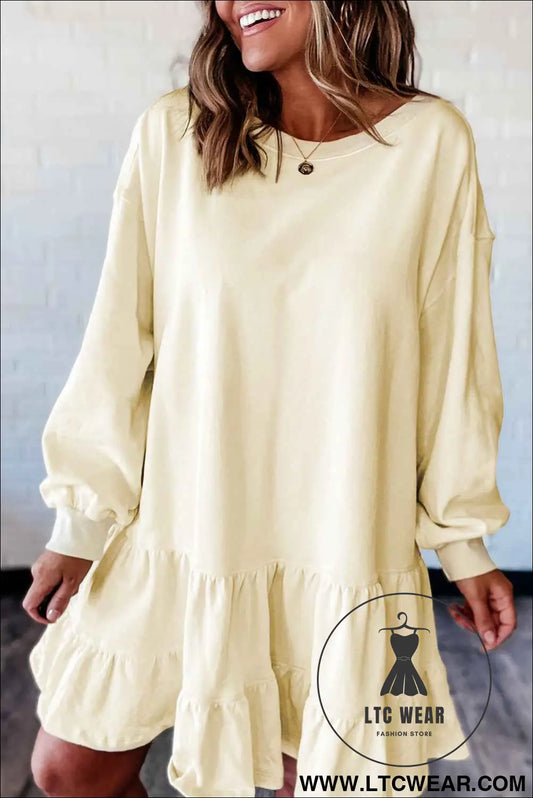 Beige Double Tiered Ruffle Hem Long Sleeve Loose Mini Dress