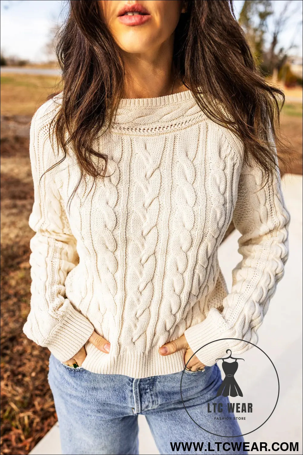 Beige Drop Shoulder Round Neck Cable Knit Sweater