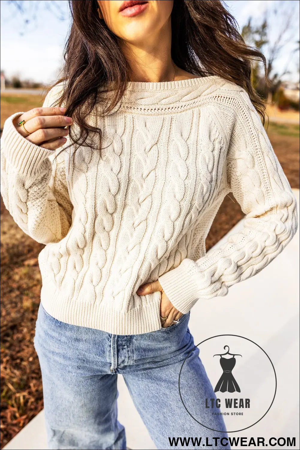 Beige Drop Shoulder Round Neck Cable Knit Sweater