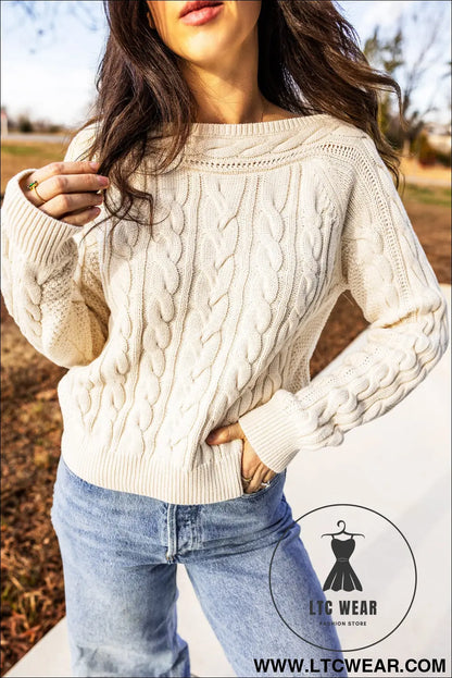 Beige Drop Shoulder Round Neck Cable Knit Sweater