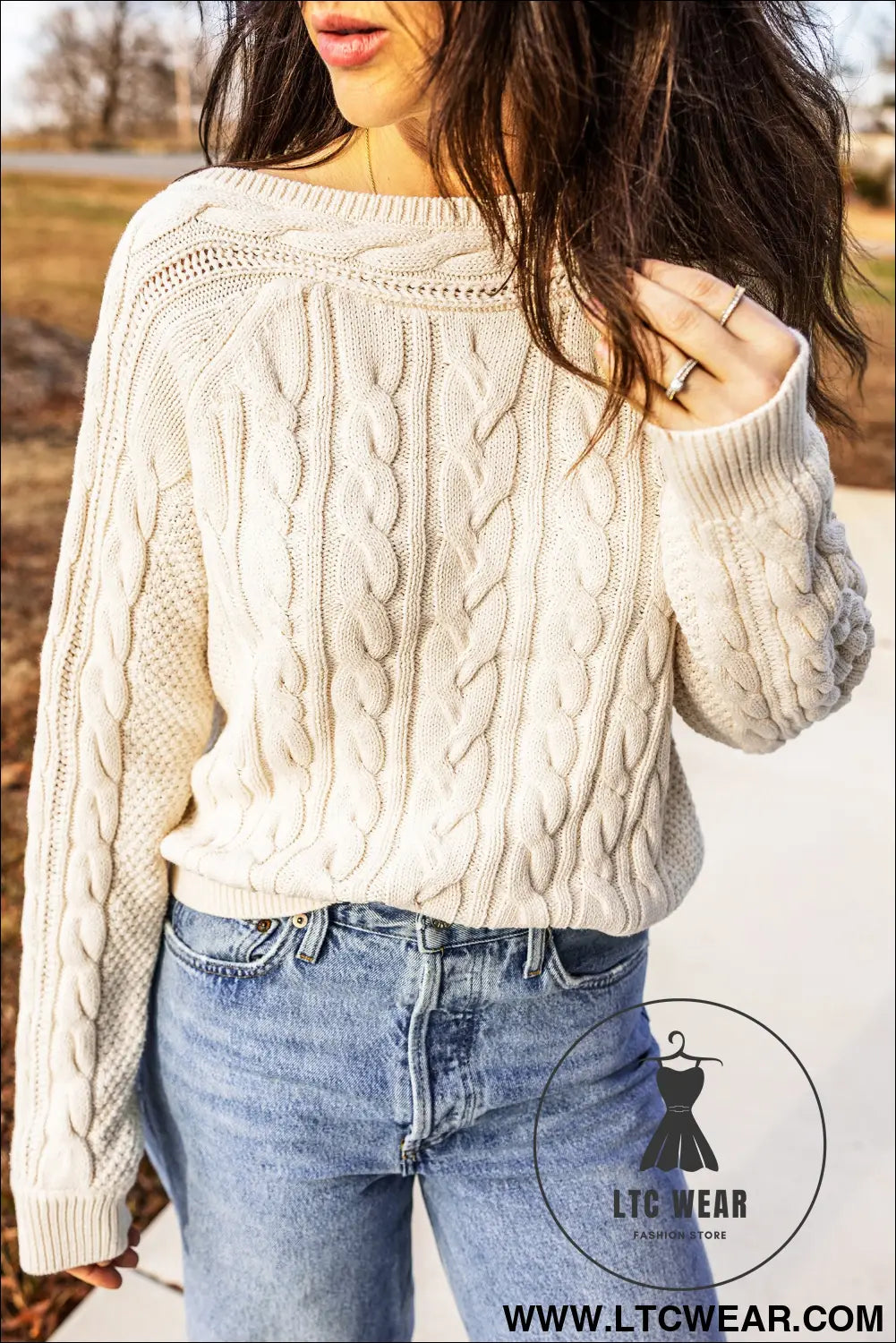 Beige Drop Shoulder Round Neck Cable Knit Sweater