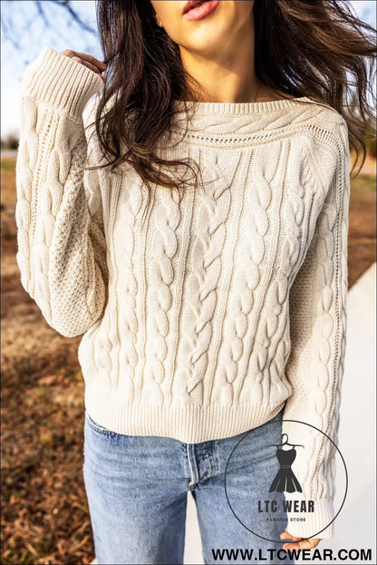 Beige Drop Shoulder Round Neck Cable Knit Sweater