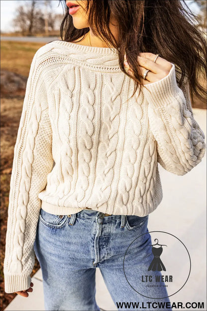 Beige Drop Shoulder Round Neck Cable Knit Sweater