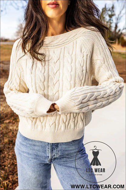 Beige Drop Shoulder Round Neck Cable Knit Sweater