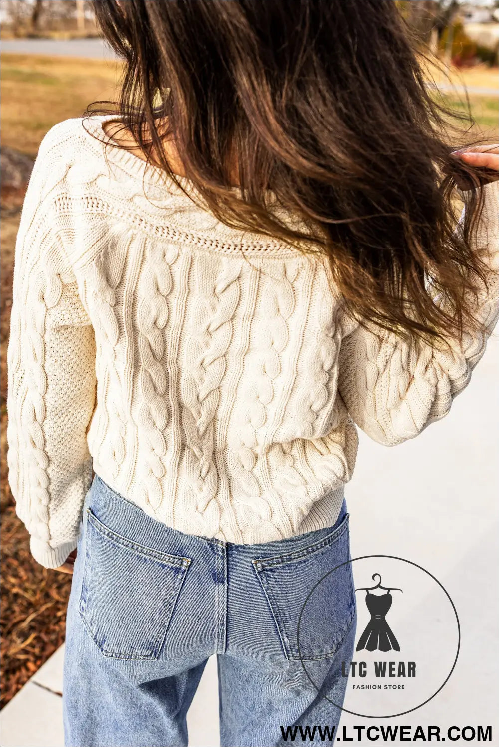 Beige Drop Shoulder Round Neck Cable Knit Sweater