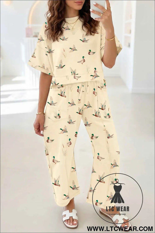 Beige Duck Print Short Sleeve Top Pocket Pants 2pcs Casual Set