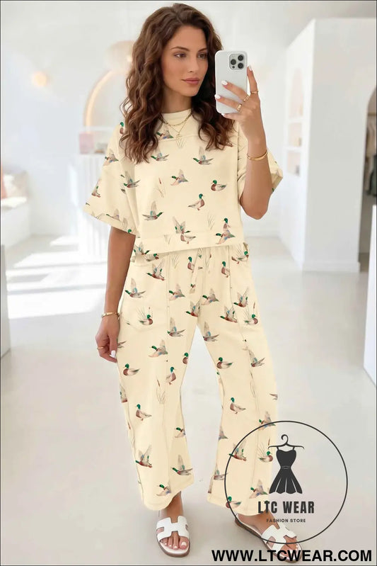 Beige Duck Print Short Sleeve Top Pocket Pants 2pcs Casual Set
