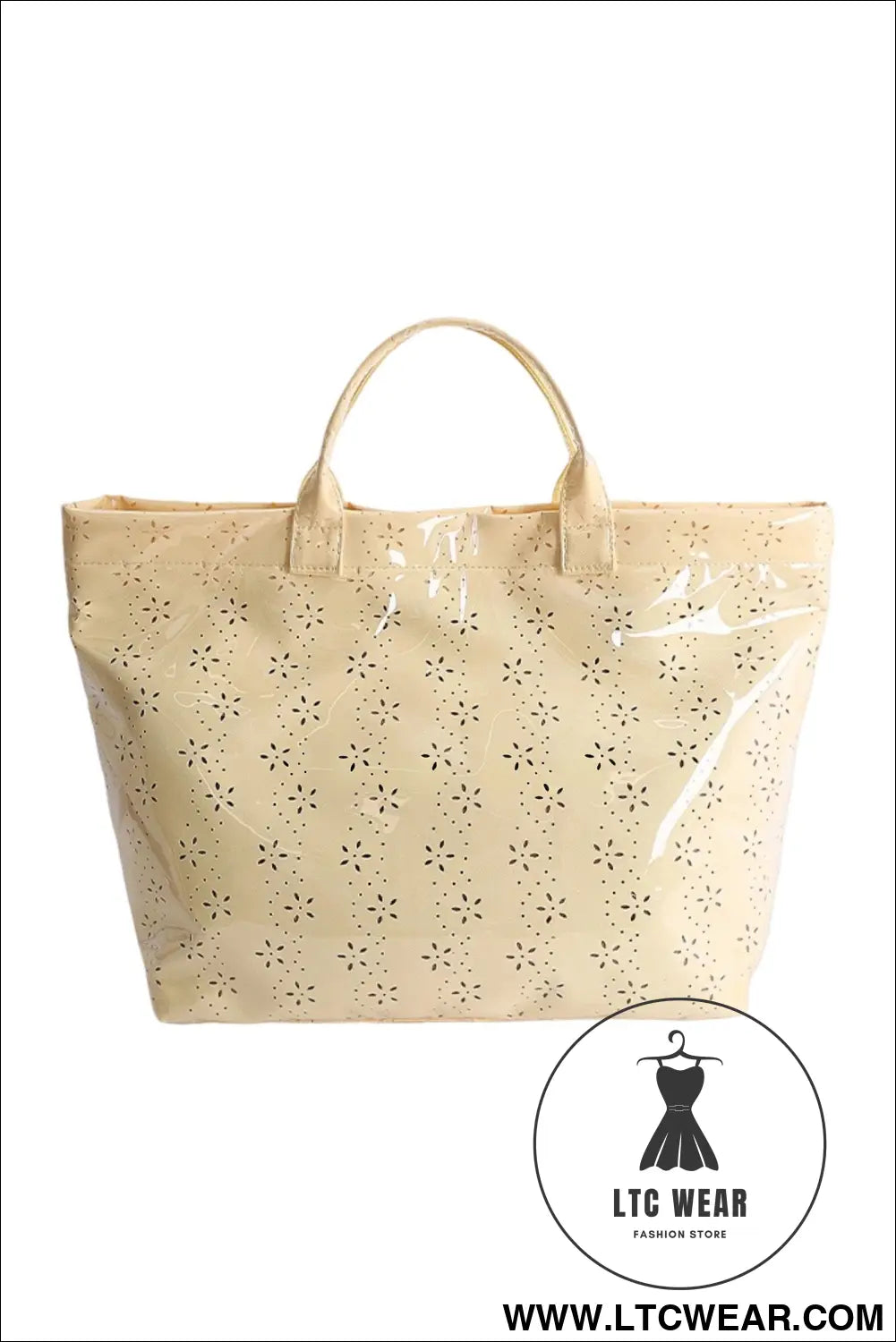 Beige eyelet flower pattern pvc glossy waterproof tote bag - beige / one size / 95% pu + 5% alloy - handbags