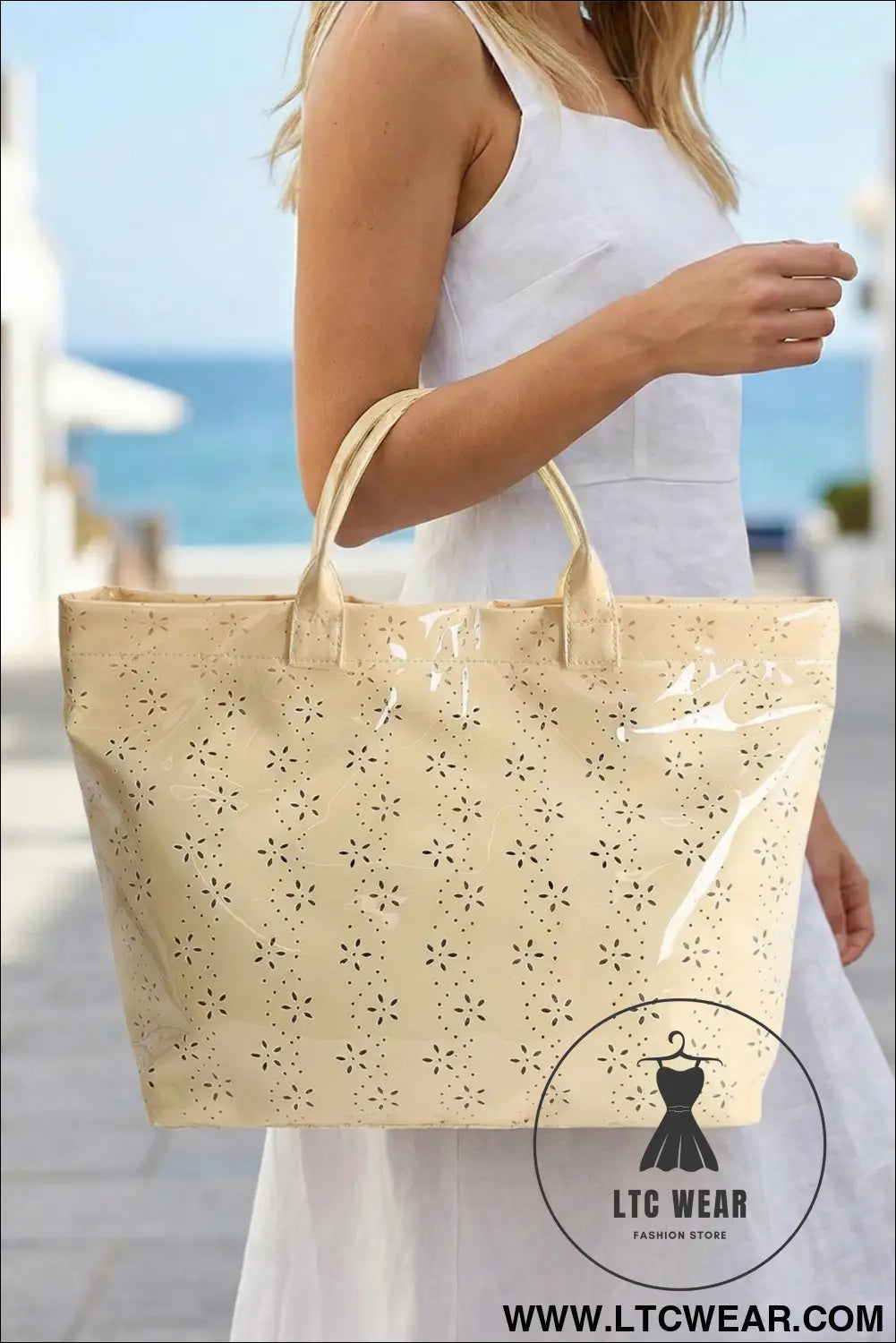 Beige eyelet flower pattern pvc glossy waterproof tote bag - beige / one size / 95% pu + 5% alloy - handbags