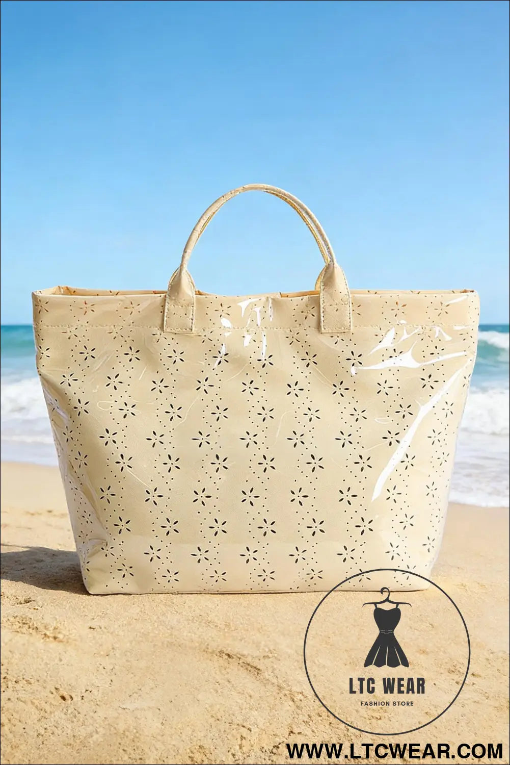 Beige eyelet flower pattern pvc glossy waterproof tote bag - beige / one size / 95% pu + 5% alloy - handbags