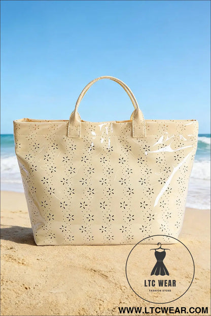 Beige eyelet flower pattern pvc glossy waterproof tote bag - beige / one size / 95% pu + 5% alloy - handbags