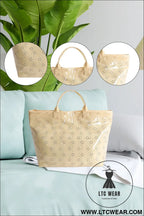 Beige eyelet flower pattern pvc glossy waterproof tote bag - beige / one size / 95% pu + 5% alloy - handbags