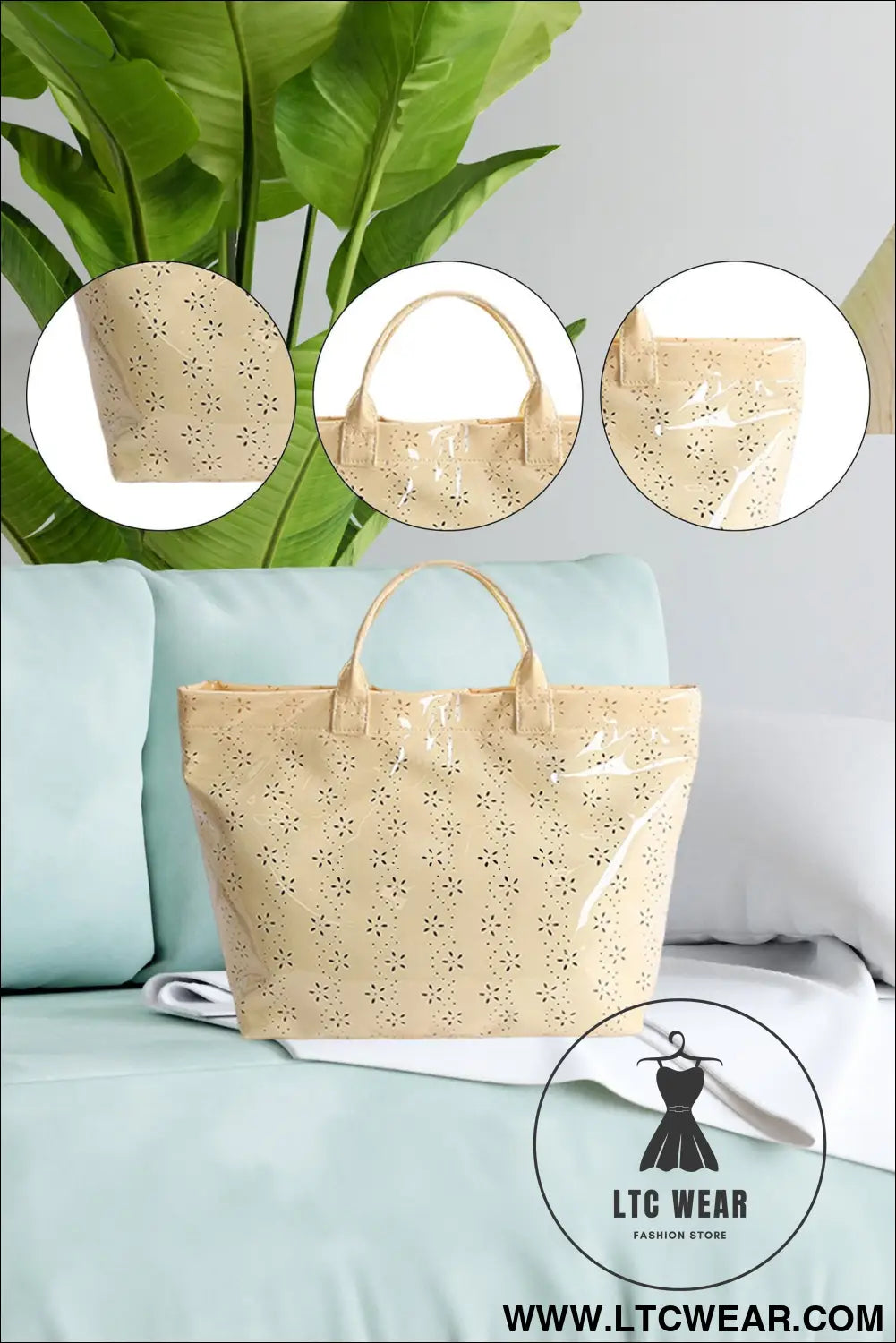 Beige eyelet flower pattern pvc glossy waterproof tote bag - beige / one size / 95% pu + 5% alloy - handbags