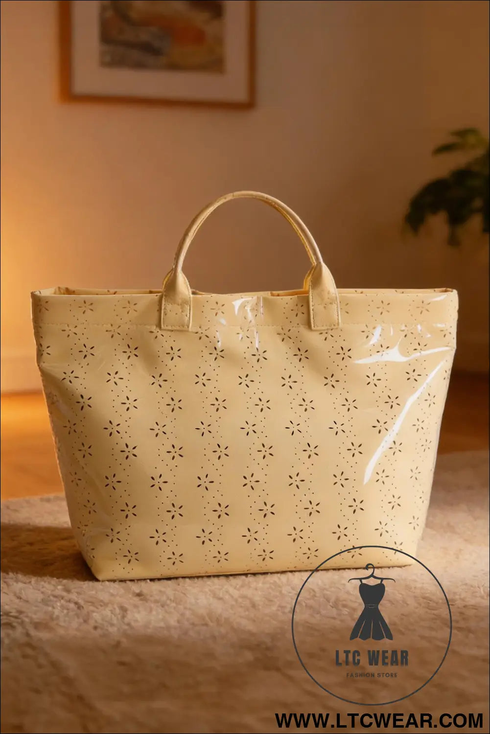 Beige eyelet flower pattern pvc glossy waterproof tote bag - beige / one size / 95% pu + 5% alloy - handbags