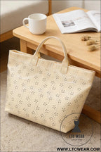 Beige eyelet flower pattern pvc glossy waterproof tote bag - beige / one size / 95% pu + 5% alloy - handbags