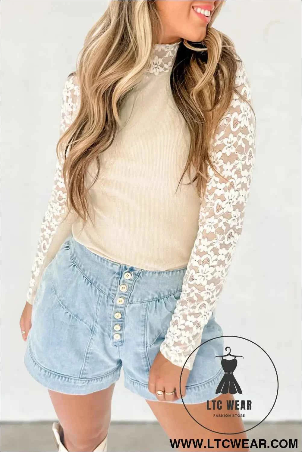 Beige Floral Lace Patchwork Long Sleeve High Neck Slim Top