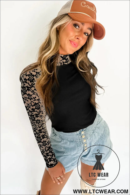 Beige Floral Lace Patchwork Long Sleeve High Neck Slim Top - L.T.C Wear Online Fashion Store