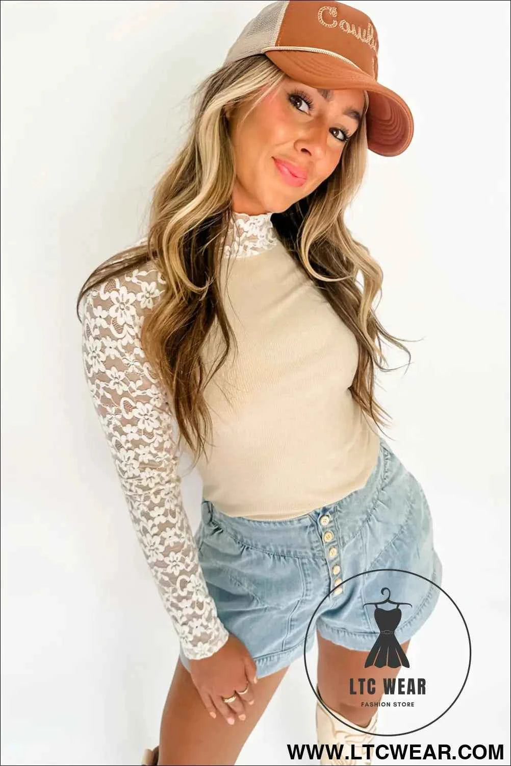 Beige Floral Lace Patchwork Long Sleeve High Neck Slim Top