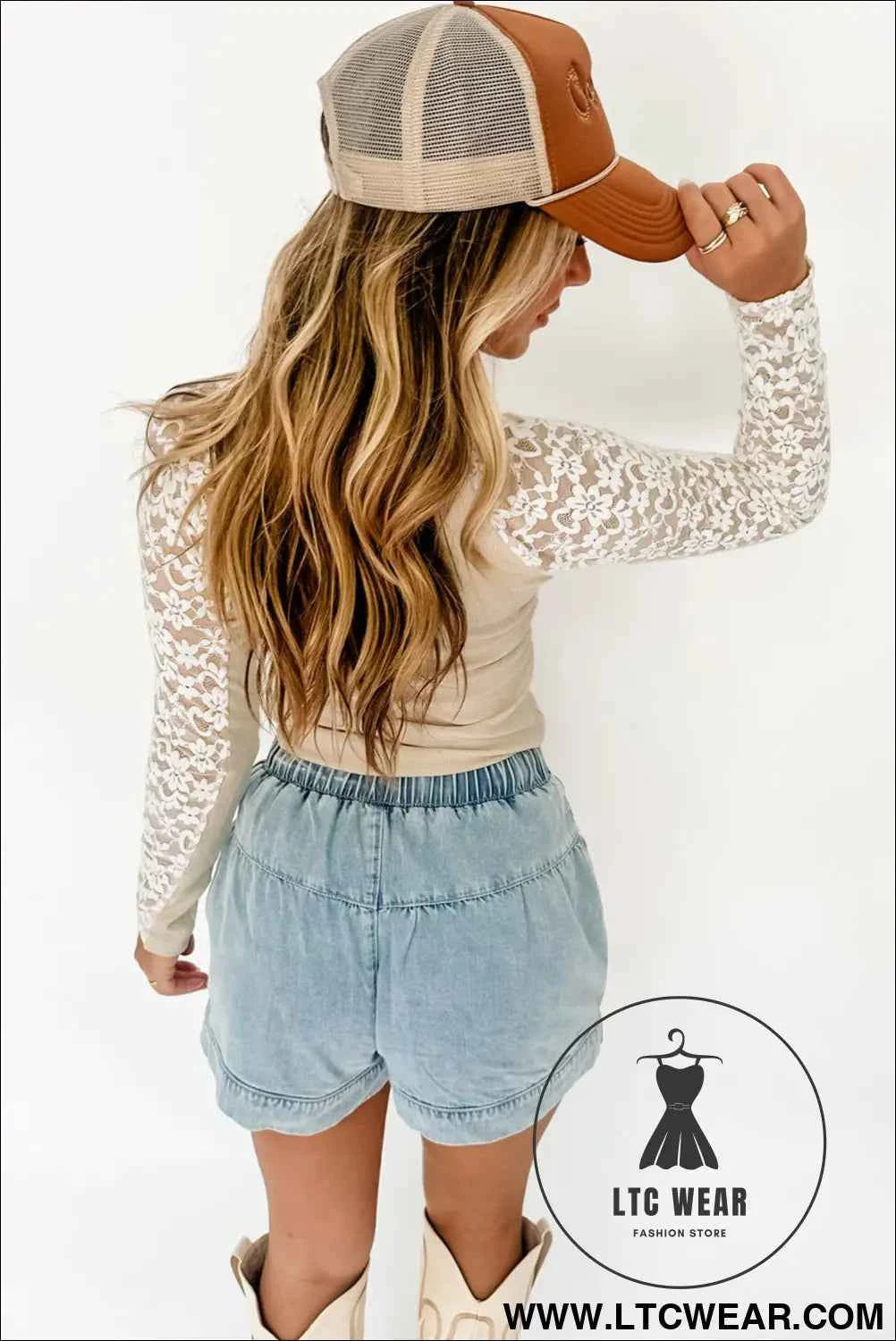 Beige Floral Lace Patchwork Long Sleeve High Neck Slim Top