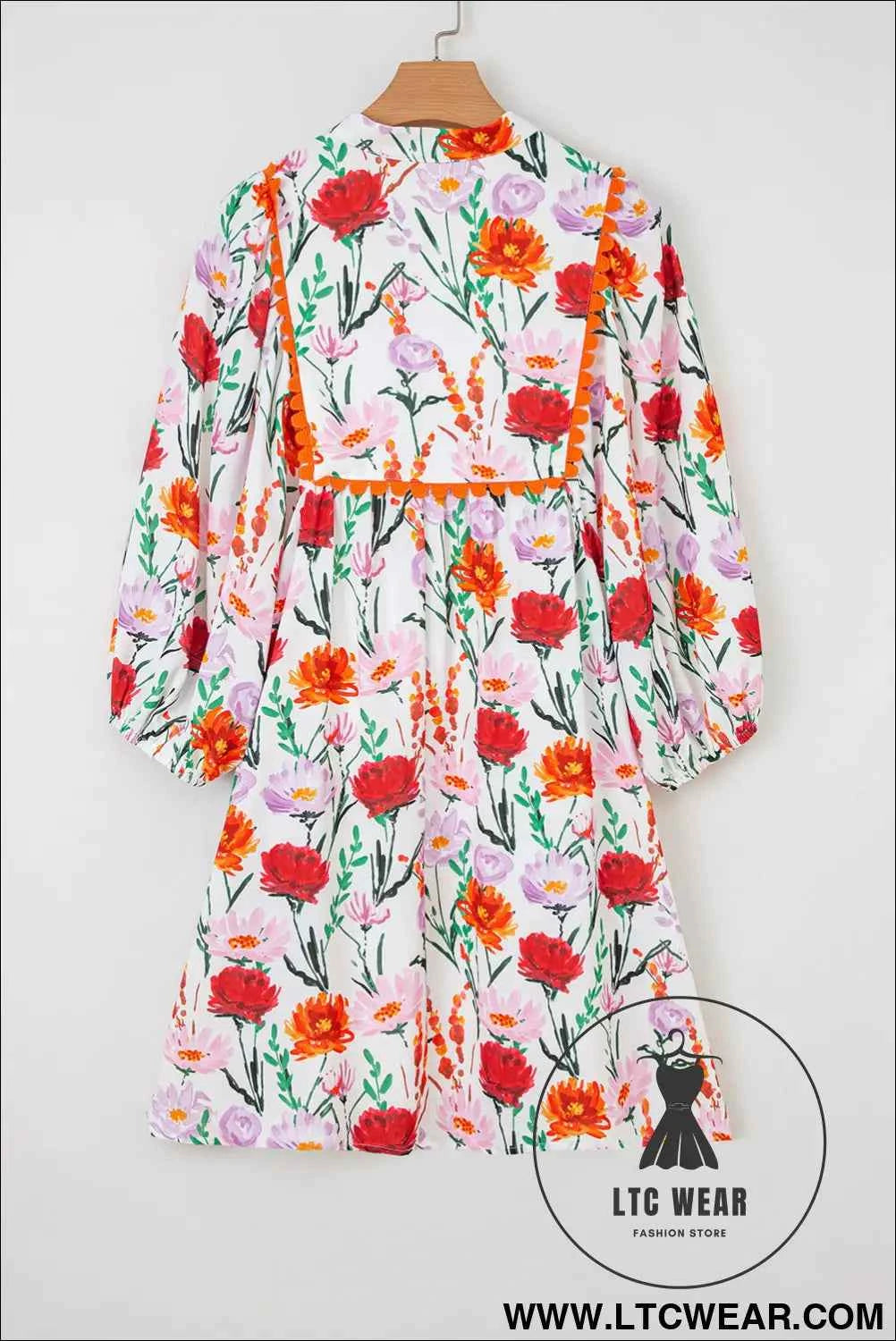 Beige Floral Print 3/4 Puff Sleeve Ricrac Trim Mini Dress