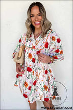 Beige Floral Print 3/4 Puff Sleeve Ricrac Trim Mini Dress