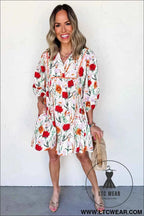 Beige Floral Print 3/4 Puff Sleeve Ricrac Trim Mini Dress