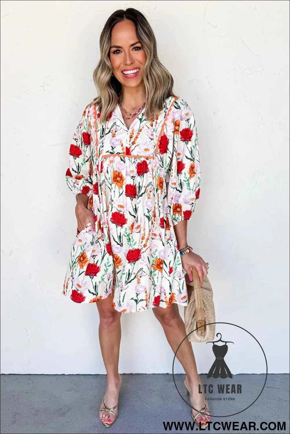 Beige Floral Print 3/4 Puff Sleeve Ricrac Trim Mini Dress