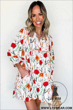 Beige Floral Print 3/4 Puff Sleeve Ricrac Trim Mini Dress