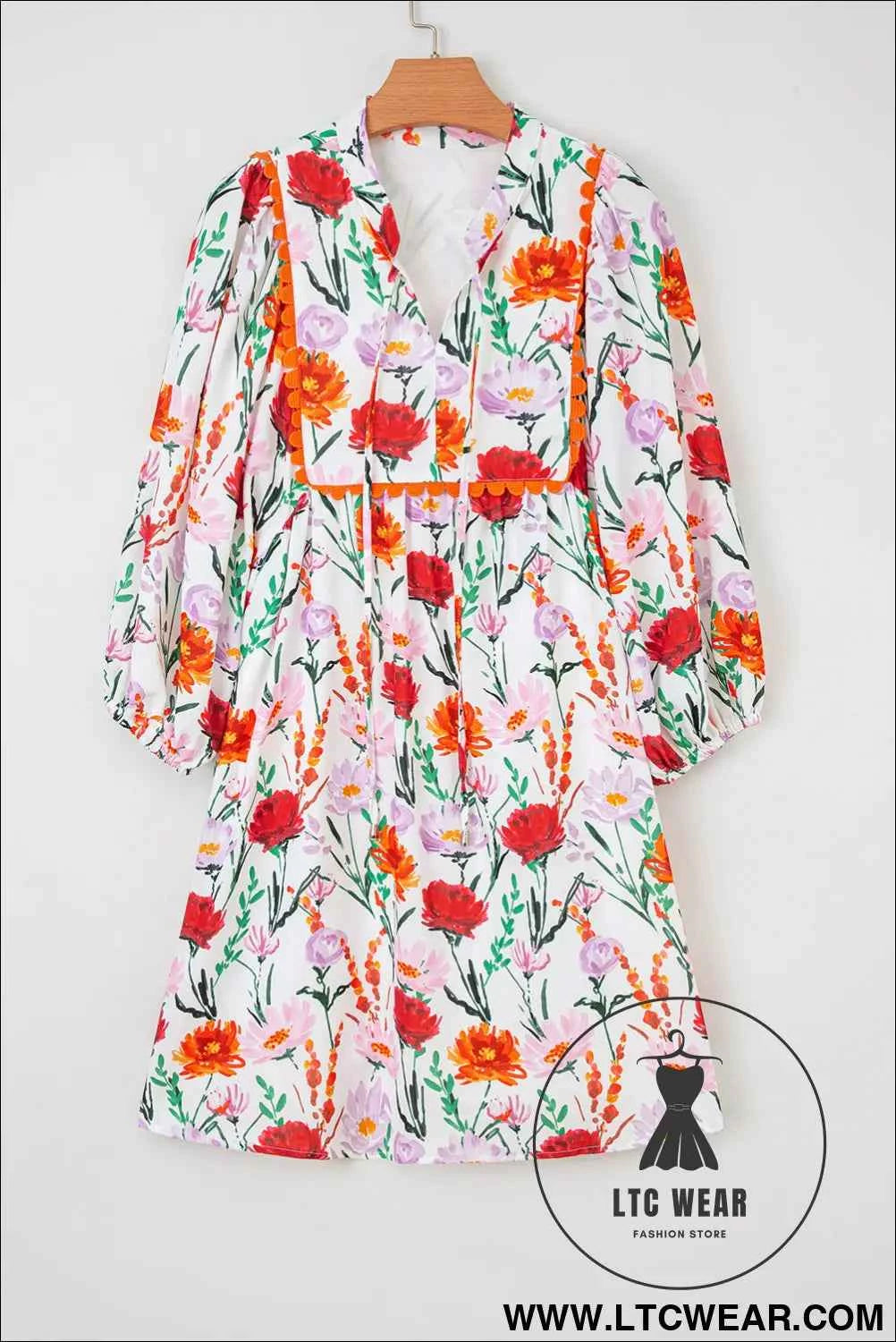 Beige Floral Print 3/4 Puff Sleeve Ricrac Trim Mini Dress