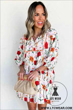 Beige Floral Print 3/4 Puff Sleeve Ricrac Trim Mini Dress