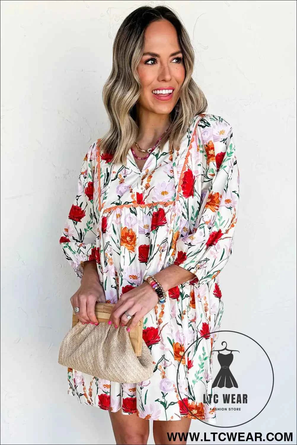 Beige Floral Print 3/4 Puff Sleeve Ricrac Trim Mini Dress