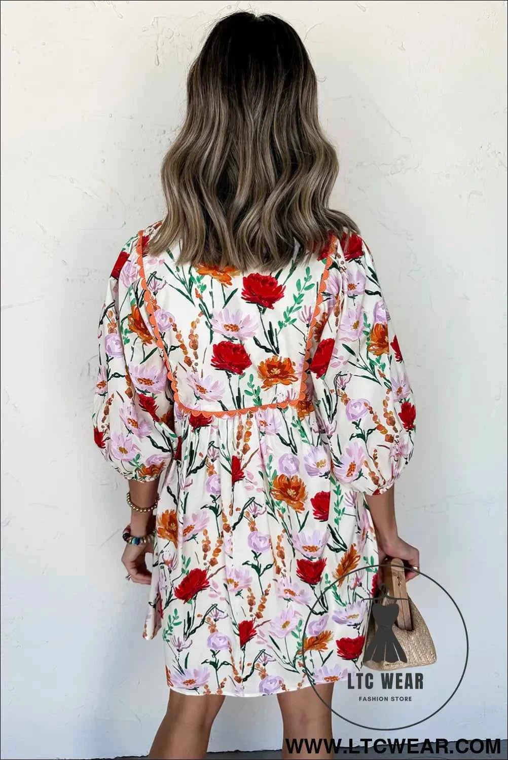 Beige Floral Print 3/4 Puff Sleeve Ricrac Trim Mini Dress
