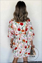 Beige Floral Print 3/4 Puff Sleeve Ricrac Trim Mini Dress
