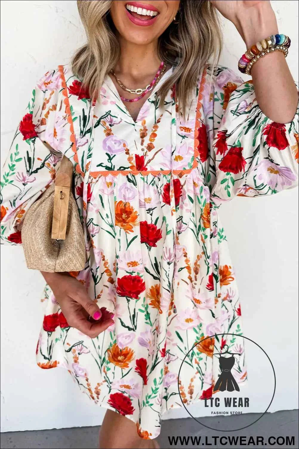 Beige Floral Print 3/4 Puff Sleeve Ricrac Trim Mini Dress