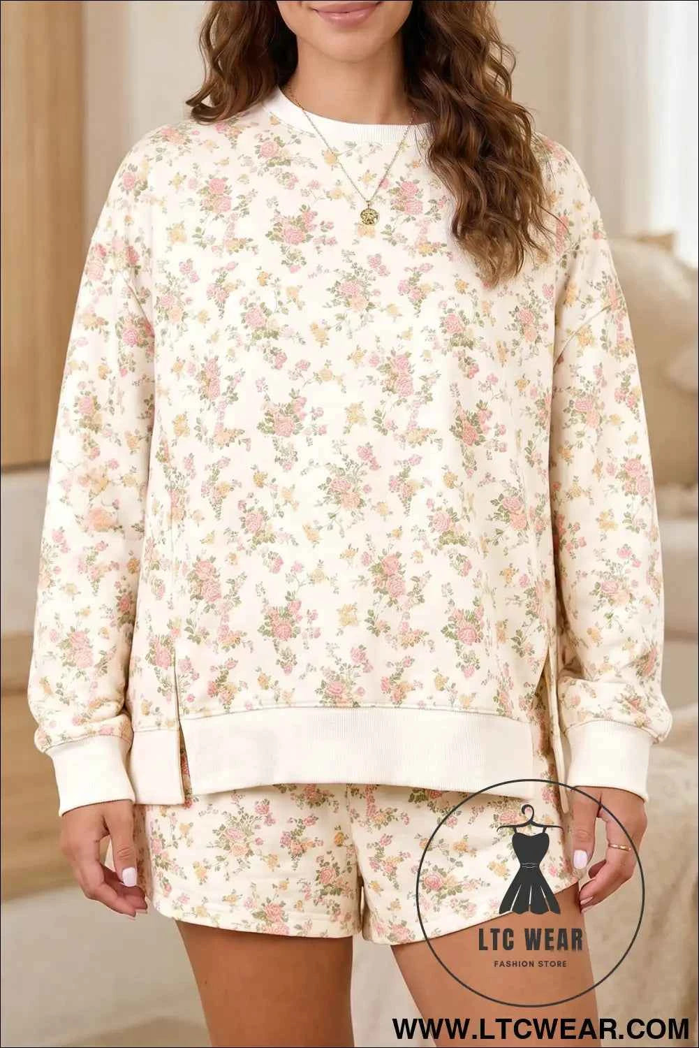 Beige Floral Print Long Sleeve Shift Top Pocketed Shorts 2pcs Set