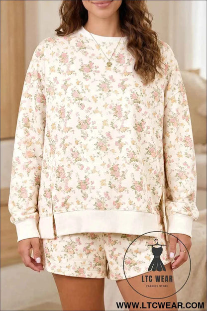 Beige Floral Print Long Sleeve Shift Top Pocketed Shorts 2pcs Set