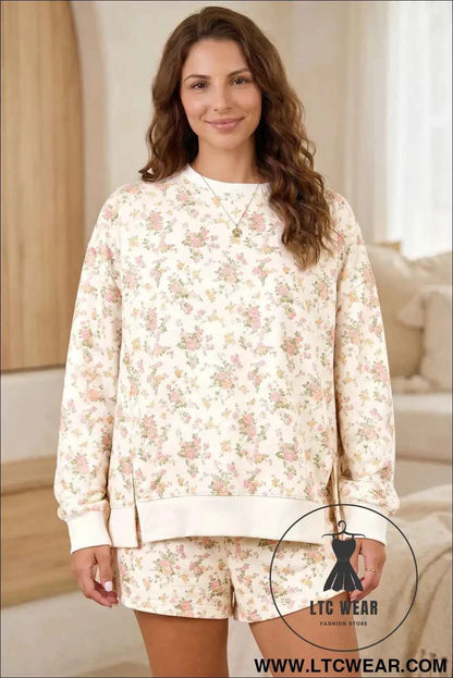 Beige Floral Print Long Sleeve Shift Top Pocketed Shorts 2pcs Set
