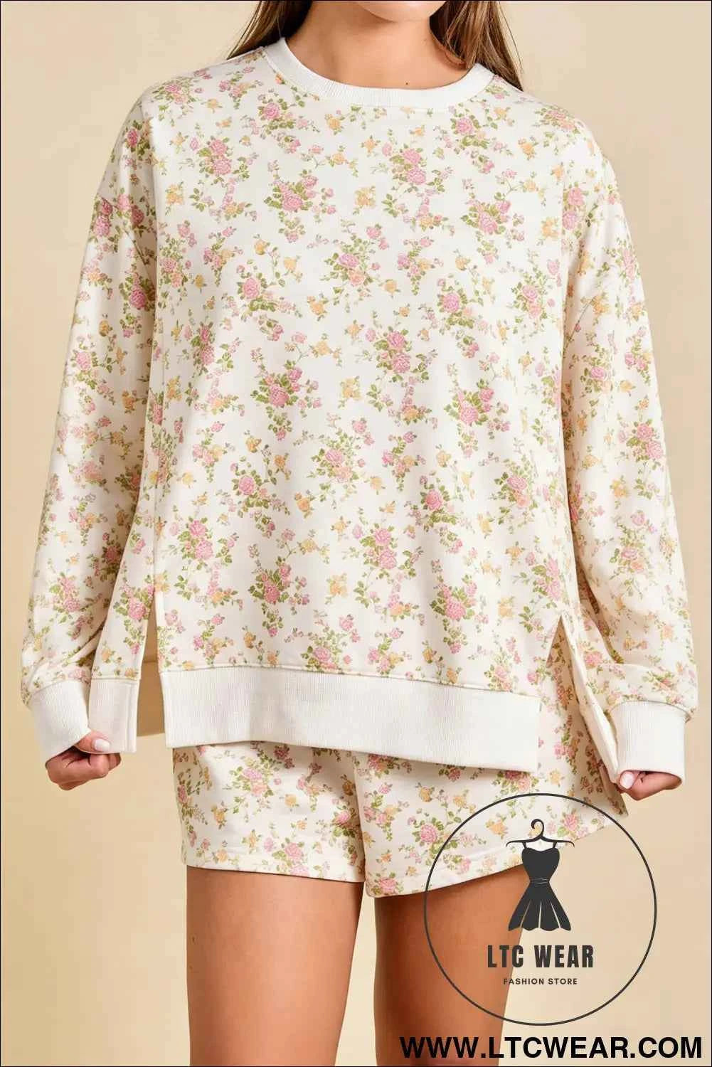 Beige Floral Print Long Sleeve Shift Top Pocketed Shorts 2pcs Set