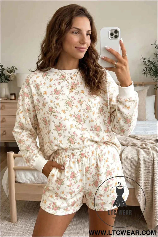 Beige Floral Print Long Sleeve Shift Top Pocketed Shorts 2pcs Set