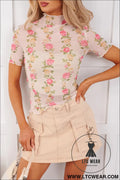 Beige floral print mock neck short sleeve mesh top - beige / l / 95% polyester + 5% elastane - tops & tees