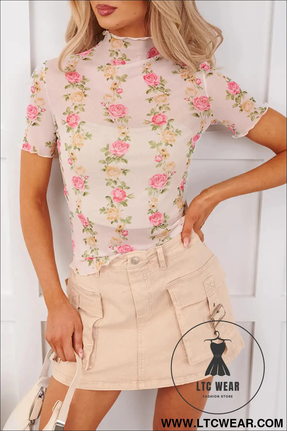 Beige floral print mock neck short sleeve mesh top - beige / l / 95% polyester + 5% elastane - tops & tees