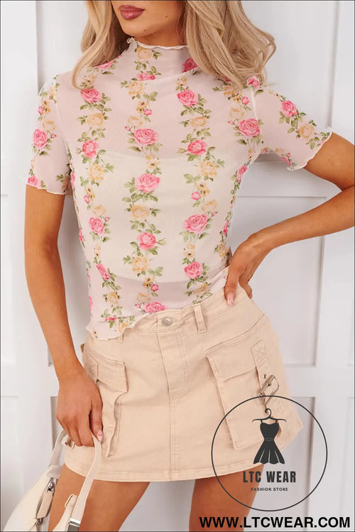 Beige floral print mock neck short sleeve mesh top - beige / l / 95% polyester + 5% elastane - tops & tees