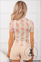 Beige floral print mock neck short sleeve mesh top - tops & tees