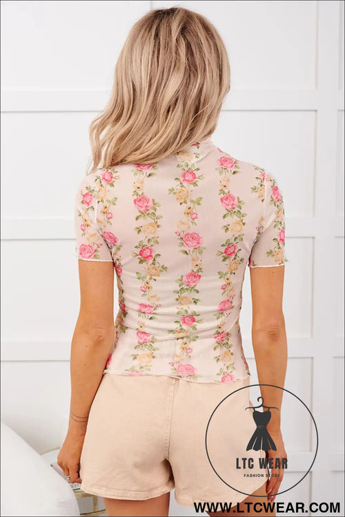 Beige floral print mock neck short sleeve mesh top - tops & tees