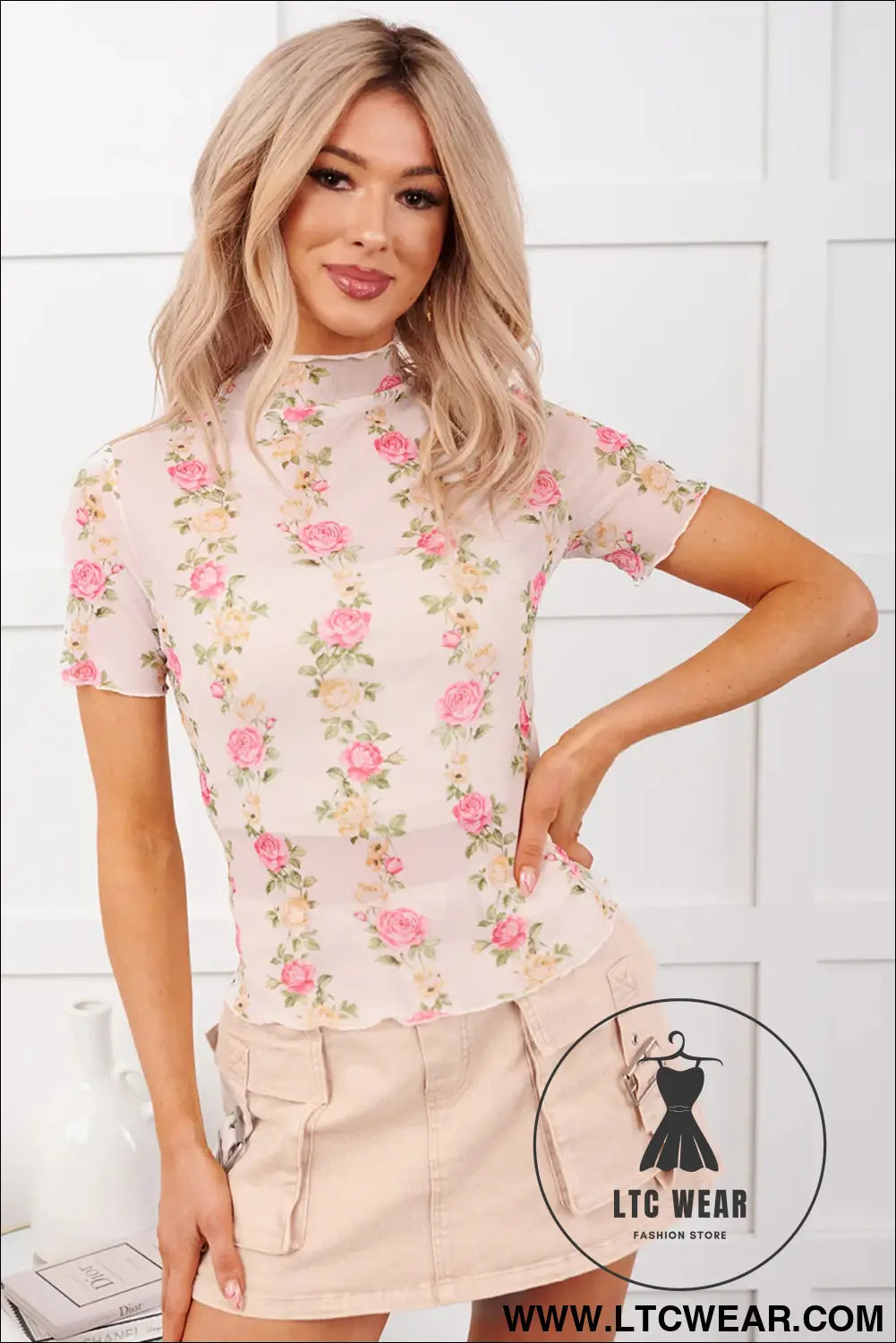Beige floral print mock neck short sleeve mesh top - tops & tees