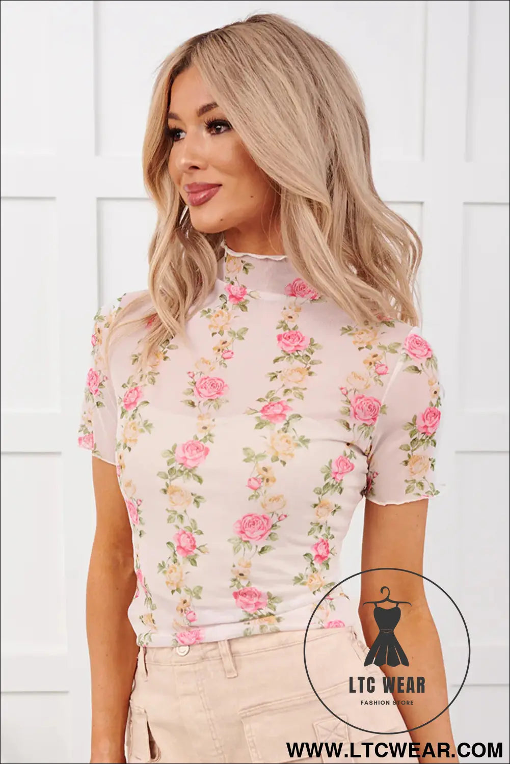 Beige floral print mock neck short sleeve mesh top - tops & tees