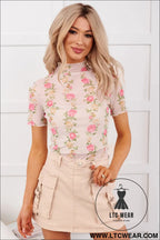 Beige floral print mock neck short sleeve mesh top - tops & tees
