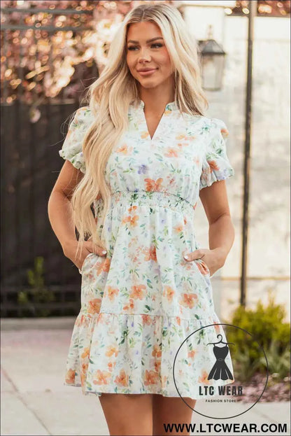 Beige Floral Print Shirred High Waist Puff Sleeve Mini Dress