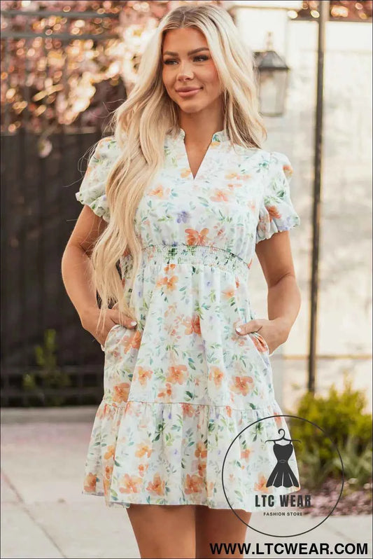 Beige Floral Print Shirred High Waist Puff Sleeve Mini Dress