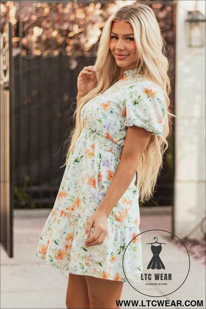 Beige Floral Print Shirred High Waist Puff Sleeve Mini Dress